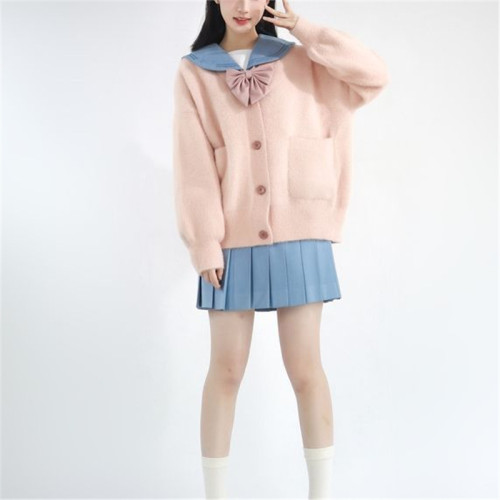 學院風JK製服開衫針織衫女秋冬款寬松百搭長袖外穿仿貂絨毛衣外套