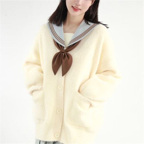 學院風JK製服開衫針織衫女秋冬款寬松百搭長袖外穿仿貂絨毛衣外套