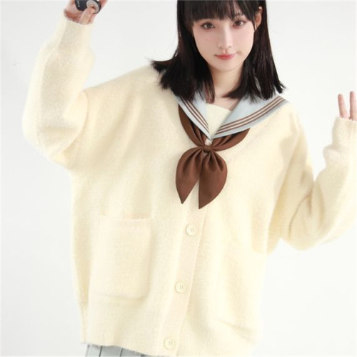 學院風JK製服開衫針織衫女秋冬款寬松百搭長袖外穿仿貂絨毛衣外套