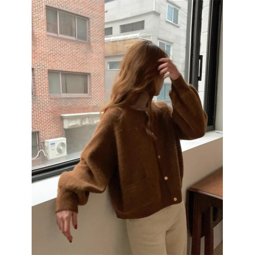 燈籠袖圓領毛衣外套女款秋冬新款日系復古寬松軟糯小香風針織開衫