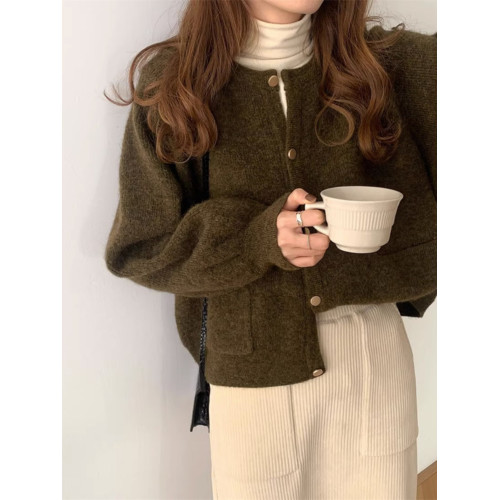 燈籠袖圓領毛衣外套女款秋冬新款日系復古寬松軟糯小香風針織開衫