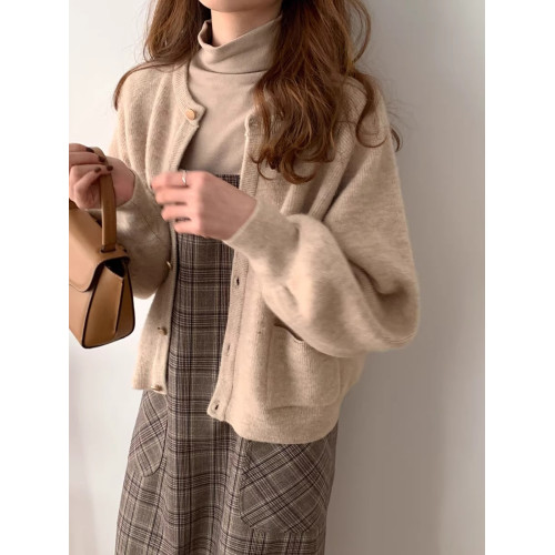 燈籠袖圓領毛衣外套女款秋冬新款日系復古寬松軟糯小香風針織開衫