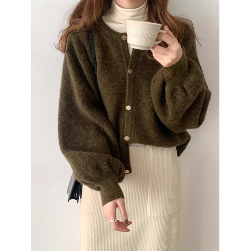 燈籠袖圓領毛衣外套女款秋冬新款日系復古寬松軟糯小香風針織開衫