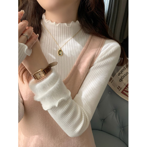 粉色毛衣女款2025新款秋冬半高領加絨內搭針織衫木耳邊打底衫上衣
