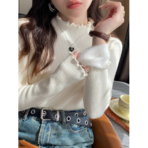 粉色毛衣女款2025新款秋冬半高領加絨內搭針織衫木耳邊打底衫上衣