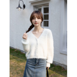 粉色水貂絨長袖開衫毛衣女秋季溫柔風軟糯慵懶寬松短款針織衫外套