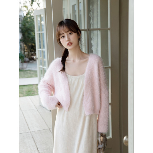 粉色水貂絨長袖開衫毛衣女秋季溫柔風軟糯慵懶寬松短款針織衫外套 粉色水貂絨長袖開衫毛衣女秋季溫柔風軟糯慵懶寬松短款針織衫外套
