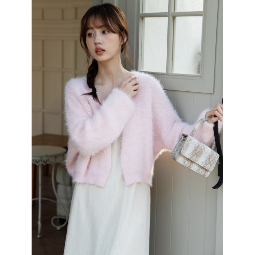 粉色水貂絨長袖開衫毛衣女秋季溫柔風軟糯慵懶寬松短款針織衫外套 粉色水貂絨長袖開衫毛衣女秋季溫柔風軟糯慵懶寬松短款針織衫外套