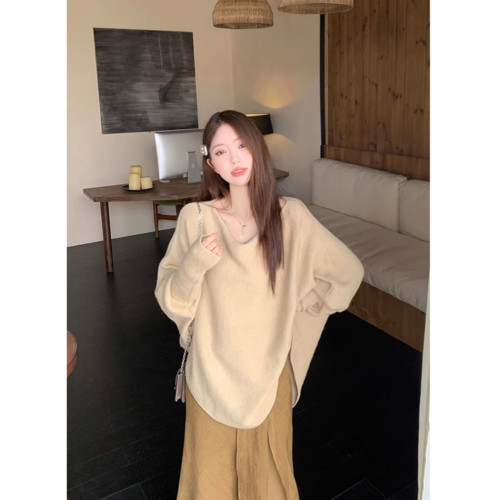 不規則一字肩復古慵懶風針織衫2025早秋新款上衣軟糯蝙蝠袖毛衣女 不規則一字肩復古慵懶風針織衫2025早秋新款上衣軟糯蝙蝠袖毛衣女