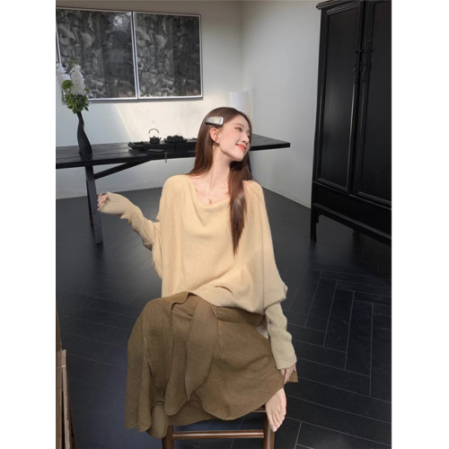 不規則一字肩復古慵懶風針織衫2025早秋新款上衣軟糯蝙蝠袖毛衣女 不規則一字肩復古慵懶風針織衫2025早秋新款上衣軟糯蝙蝠袖毛衣女