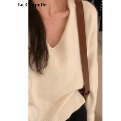 拉夏貝爾白色V領浣熊絨毛衣女2025新款秋冬季慵懶加厚針織衫上衣