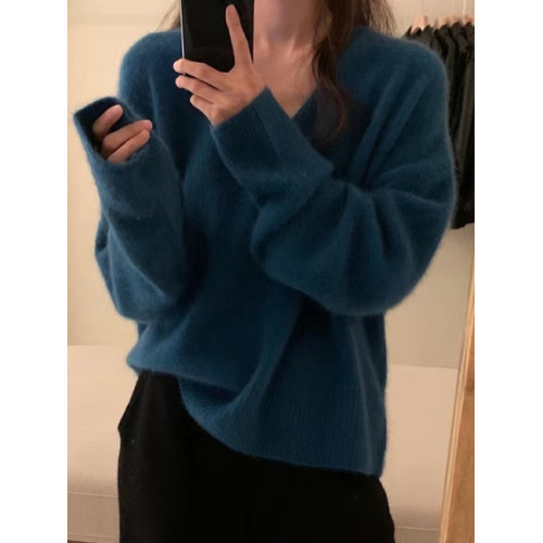 拉夏貝爾白色V領浣熊絨毛衣女2025新款秋冬季慵懶加厚針織衫上衣