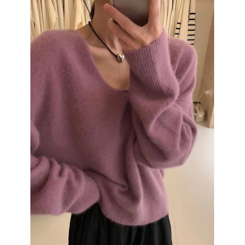 拉夏貝爾白色V領浣熊絨毛衣女2025新款秋冬季慵懶加厚針織衫上衣