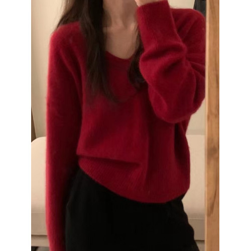 拉夏貝爾白色V領浣熊絨毛衣女2025新款秋冬季慵懶加厚針織衫上衣