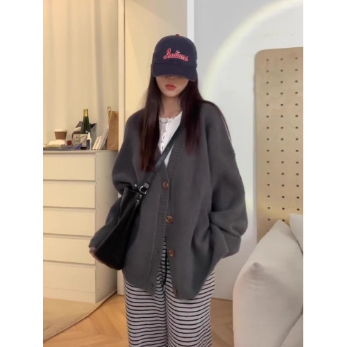 慵懶風單排釦針織開衫2025秋冬新款寬松韓版中長款毛衣外套上衣女 慵懶風單排釦針織開衫2025秋冬新款寬松韓版中長款毛衣外套上衣女