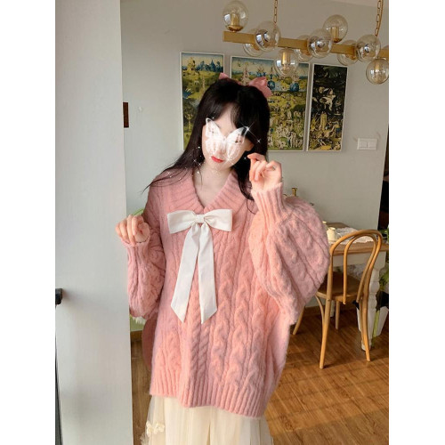 秋冬軟糯溫柔慵懶風粉色內搭針織V領毛衣寬松2024新款加厚上衣女 秋冬軟糯溫柔慵懶風粉色內搭針織V領毛衣寬松2024新款加厚上衣女