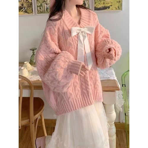 秋冬軟糯溫柔慵懶風粉色內搭針織V領毛衣寬松2024新款加厚上衣女 秋冬軟糯溫柔慵懶風粉色內搭針織V領毛衣寬松2024新款加厚上衣女