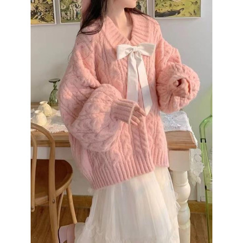 秋冬軟糯溫柔慵懶風粉色內搭針織V領毛衣寬松2024新款加厚上衣女 秋冬軟糯溫柔慵懶風粉色內搭針織V領毛衣寬松2024新款加厚上衣女