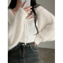 韓國chic秋季溫柔慵懶仿貂毛蝙蝠袖短款披肩外套設計系帶長袖開衫