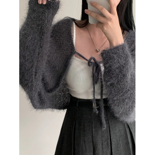 韓國chic秋季溫柔慵懶仿貂毛蝙蝠袖短款披肩外套設計系帶長袖開衫 韓國chic秋季溫柔慵懶仿貂毛蝙蝠袖短款披肩外套設計系帶長袖開衫