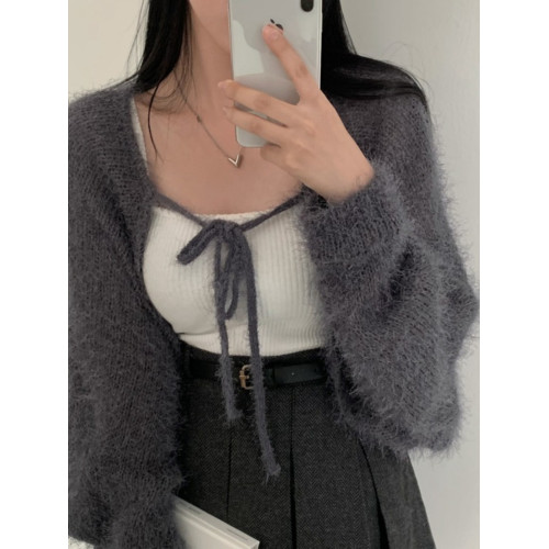 韓國chic秋季溫柔慵懶仿貂毛蝙蝠袖短款披肩外套設計系帶長袖開衫 韓國chic秋季溫柔慵懶仿貂毛蝙蝠袖短款披肩外套設計系帶長袖開衫