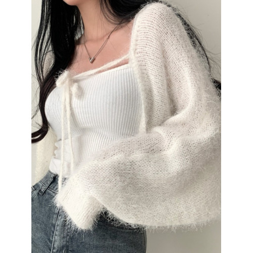 韓國chic秋季溫柔慵懶仿貂毛蝙蝠袖短款披肩外套設計系帶長袖開衫 韓國chic秋季溫柔慵懶仿貂毛蝙蝠袖短款披肩外套設計系帶長袖開衫