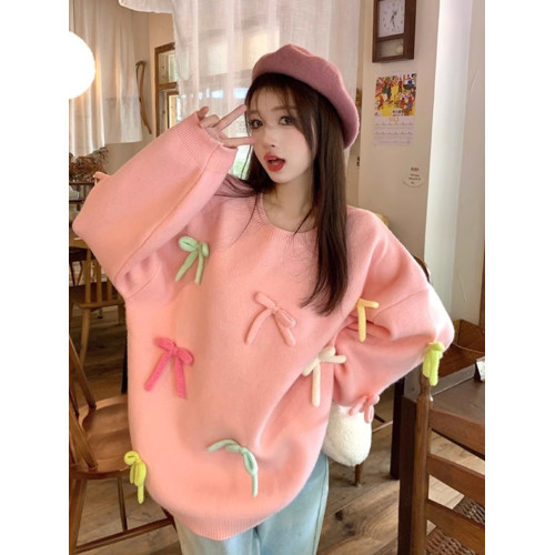 大碼慵懶風甜美蝴蝶結毛衣女秋冬2023新款針織衫胖MM洋氣減齡上衣 大碼慵懶風甜美蝴蝶結毛衣女秋冬2023新款針織衫胖MM洋氣減齡上衣