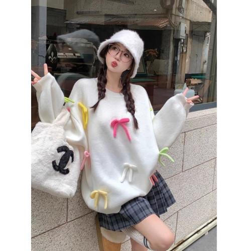 大碼慵懶風甜美蝴蝶結毛衣女秋冬2023新款針織衫胖MM洋氣減齡上衣 大碼慵懶風甜美蝴蝶結毛衣女秋冬2023新款針織衫胖MM洋氣減齡上衣