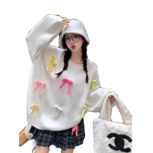 大碼慵懶風甜美蝴蝶結毛衣女秋冬2023新款針織衫胖MM洋氣減齡上衣 大碼慵懶風甜美蝴蝶結毛衣女秋冬2023新款針織衫胖MM洋氣減齡上衣