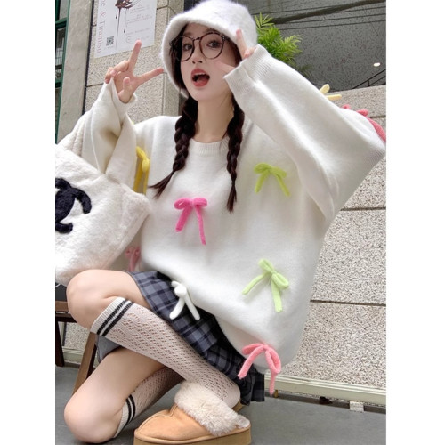 大碼慵懶風甜美蝴蝶結毛衣女秋冬2023新款針織衫胖MM洋氣減齡上衣 大碼慵懶風甜美蝴蝶結毛衣女秋冬2023新款針織衫胖MM洋氣減齡上衣