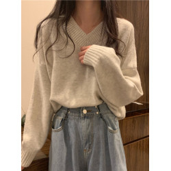 加絨加厚V領毛衣女寬松外穿上衣秋冬溫柔新款 韓版慵懶打底針織衫