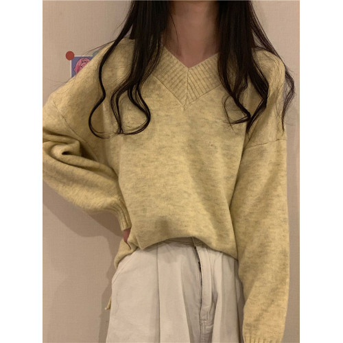 加絨加厚V領毛衣女寬松外穿上衣秋冬溫柔新款 韓版慵懶打底針織衫