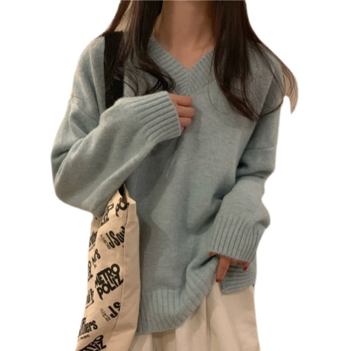 加絨加厚V領毛衣女寬松外穿上衣秋冬溫柔新款 韓版慵懶打底針織衫