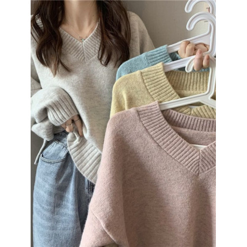 加絨加厚V領毛衣女寬松外穿上衣秋冬溫柔新款 韓版慵懶打底針織衫