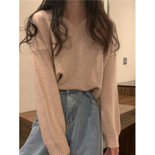 加絨加厚V領毛衣女寬松外穿上衣秋冬溫柔新款 韓版慵懶打底針織衫