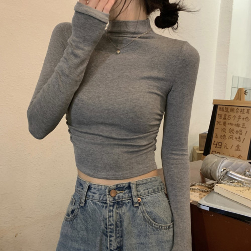 辣妹半高領長袖t恤女小個子2025春季新款韓版修身褶皺打底衫女ins