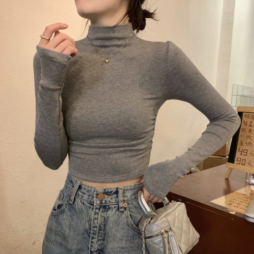 辣妹半高領長袖t恤女小個子2025春季新款韓版修身褶皺打底衫女ins