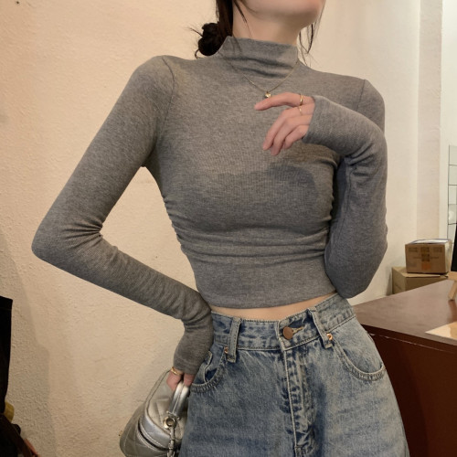 辣妹半高領長袖t恤女小個子2025春季新款韓版修身褶皺打底衫女ins