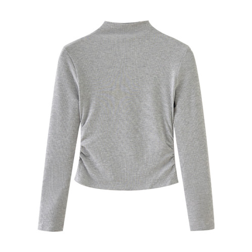 辣妹半高領長袖t恤女小個子2025春季新款韓版修身褶皺打底衫女ins