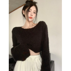 喇叭袖圈圈紗毛毛衣女短款秋冬溫柔風別致軟糯針織衫內搭修身上衣