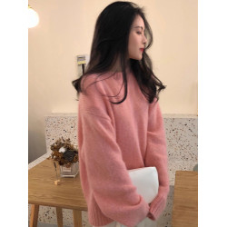 奶黃色馬海毛套頭毛衣女秋冬小個子寬鬆慵懶風針織衫加厚圓領上衣