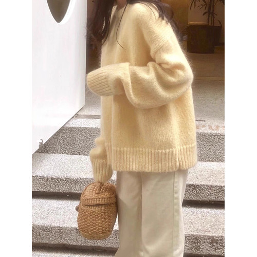 奶黃色馬海毛套頭毛衣女秋冬小個子寬鬆慵懶風針織衫加厚圓領上衣