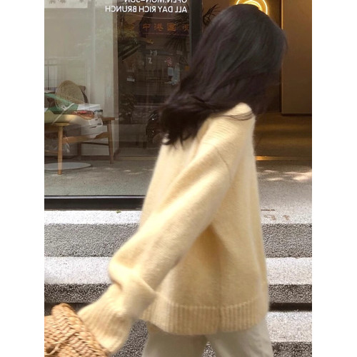 奶黃色馬海毛套頭毛衣女秋冬小個子寬鬆慵懶風針織衫加厚圓領上衣