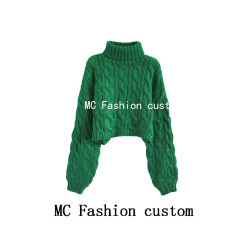 品牌折釦高領麻花毛衣女秋冬2025新款慵懶風寬松加厚短款套頭外穿