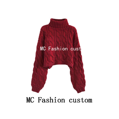 品牌折釦高領麻花毛衣女秋冬2025新款慵懶風寬松加厚短款套頭外穿