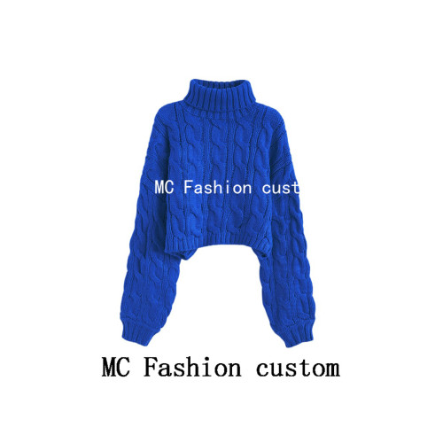 品牌折釦高領麻花毛衣女秋冬2025新款慵懶風寬松加厚短款套頭外穿