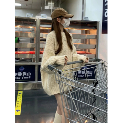 圓領套頭麻花毛衣女寬松慵懶風高級感中長款軟糯加厚針織外套上衣