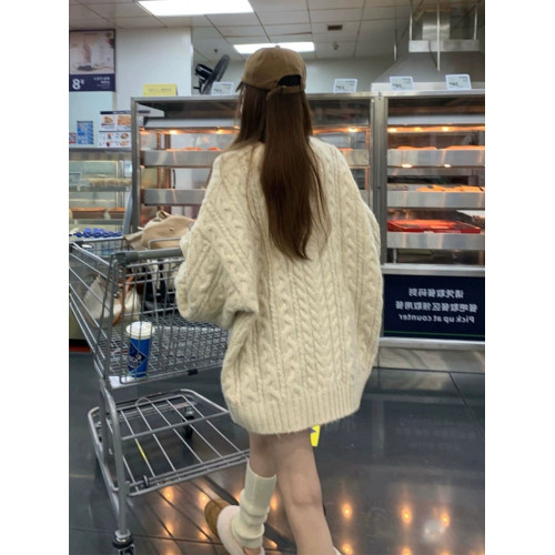 圓領套頭麻花毛衣女寬松慵懶風高級感中長款軟糯加厚針織外套上衣