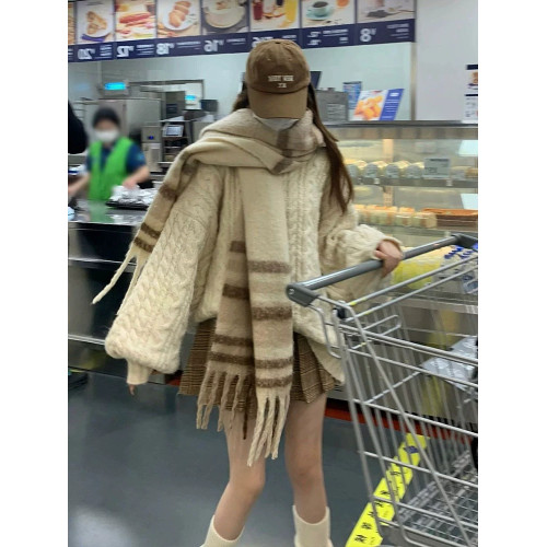 圓領套頭麻花毛衣女寬松慵懶風高級感中長款軟糯加厚針織外套上衣