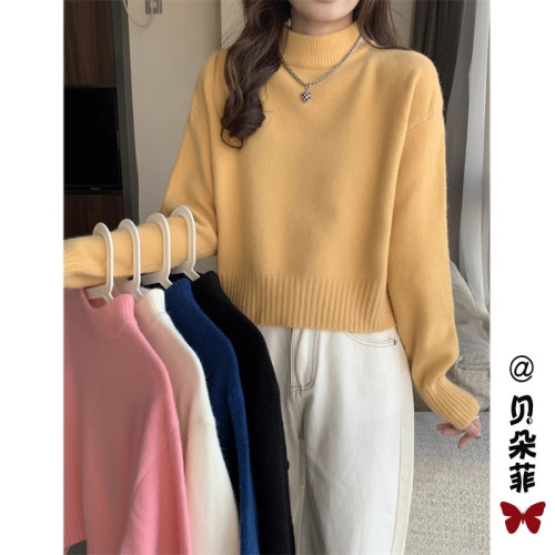 2025秋冬新款半高領純色套頭加厚毛衣女寬松內搭針織打底衫上衣潮